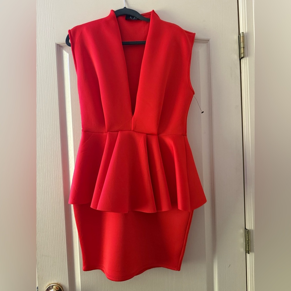 AKIRA Red Peplum Bodycon Mini Dress | Size Large | Deep V Neck